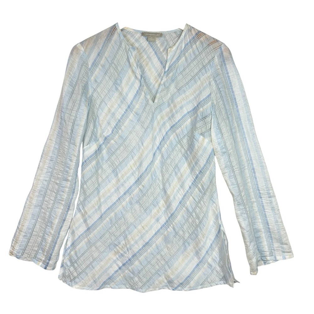 Janeville Linen Blend Striped Tunic Blouse Women M Blue White Split Neck Coastal